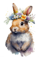 aquarelle mignonne main tiré lapin, lapin dans floral couronne, fleurs bouquet, génératif ai png