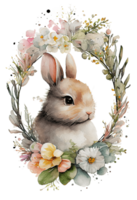 aquarelle mignonne main tiré lapin, lapin dans floral couronne, fleurs bouquet, génératif ai png