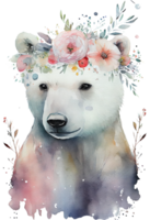 acquerello carino mano disegnato orso, bianca orso nel floreale ghirlanda, fiori mazzo, generativo ai png
