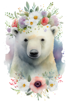 Watercolor cute hand drawn bear, white bear in floral wreath, flowers bouquet, png
