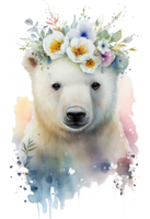 Watercolor cute hand drawn bear, white bear in floral wreath, flowers bouquet, png