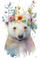 Watercolor cute hand drawn bear, white bear in floral wreath, flowers bouquet, png