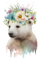 Watercolor cute hand drawn bear, white bear in floral wreath, flowers bouquet, png