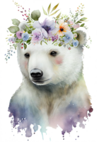 Watercolor cute hand drawn bear, white bear in floral wreath, flowers bouquet, png