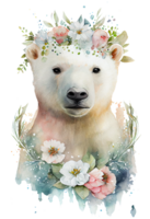 Aquarell süß Hand gezeichnet tragen, Weiß Bär im Blumen- Kranz, Blumen Strauß, generativ ai png