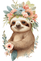 Watercolor cute hand drawn sloth, Sloth in floral wreath, flowers bouquet, , png transparent background.