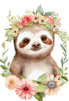 Watercolor cute hand drawn sloth, Sloth in floral wreath, flowers bouquet, , png transparent background.