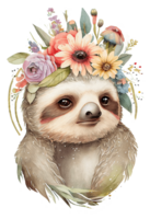 Watercolor cute hand drawn sloth, Sloth in floral wreath, flowers bouquet, , png transparent background.