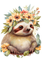 Watercolor cute hand drawn sloth, Sloth in floral wreath, flowers bouquet, , png transparent background.