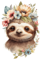 Watercolor cute hand drawn sloth, Sloth in floral wreath, flowers bouquet, , png transparent background.