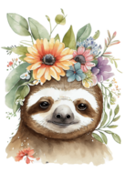 acquerello carino mano disegnato pigrizia, bradipo nel floreale ghirlanda, fiori mazzo, generativo ai, png trasparente sfondo.