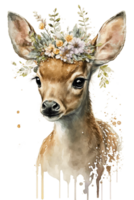 Watercolor cute hand drawn deer, fawn in floral wreath, flowers bouquet, , png transparent background.