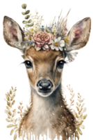 Watercolor cute hand drawn deer, fawn in floral wreath, flowers bouquet, , png transparent background.