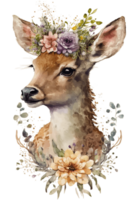 Watercolor cute hand drawn deer, fawn in floral wreath, flowers bouquet, , png transparent background.