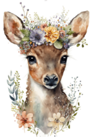 Watercolor cute hand drawn deer, fawn in floral wreath, flowers bouquet, , png transparent background.