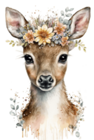acuarela linda mano dibujado ciervo, adular en floral guirnalda, flores ramo, generativo ai, png transparente antecedentes.