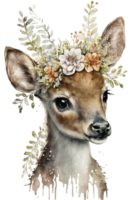 acquerello carino mano disegnato cervo, cerbiatto nel floreale ghirlanda, fiori mazzo, generativo ai, png trasparente sfondo.