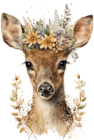 Watercolor cute hand drawn deer, fawn in floral wreath, flowers bouquet, , png transparent background.