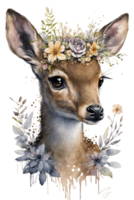 Watercolor cute hand drawn deer, fawn in floral wreath, flowers bouquet, , png transparent background.