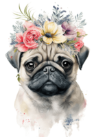 acquerello carino mano disegnato carlino, cane nel floreale ghirlanda, fiori mazzo, generativo ai, png trasparente sfondo.