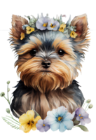 Watercolor cute hand drawn Yorkshire Terrier, dog in floral wreath, flowers bouquet, png