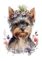 Watercolor cute hand drawn Yorkshire Terrier, dog in floral wreath, flowers bouquet, png