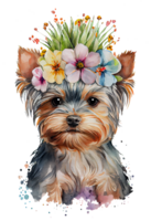 Watercolor cute hand drawn Yorkshire Terrier, dog in floral wreath, flowers bouquet, png