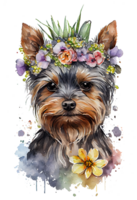 Watercolor cute hand drawn Yorkshire Terrier, dog in floral wreath, flowers bouquet, png