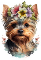 Watercolor cute hand drawn Yorkshire Terrier, dog in floral wreath, flowers bouquet, png