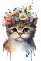 Watercolor cute hand drawn Cat, kitten in floral wreath, flowers bouquet, , png transparent background.