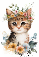 Watercolor cute hand drawn Cat, kitten in floral wreath, flowers bouquet, , png transparent background.