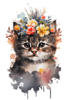aquarelle mignonne main tiré chat, chaton dans floral couronne, fleurs bouquet, génératif ai, png transparent Contexte.