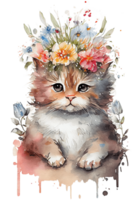 Aquarell süß Hand gezeichnet Katze, Kätzchen im Blumen- Kranz, Blumen Strauß, generativ ai, png transparent Hintergrund.
