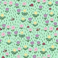 Flower simple minimalistic seamless pattern graphic design for paper, textile print, page fill. Floral background with hand drawn wild flowers, herbs and leaves. Cute design for girls, kids. vector