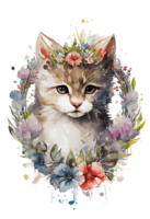 Watercolor cute hand drawn Cat, kitten in floral wreath, flowers bouquet, , png transparent background.