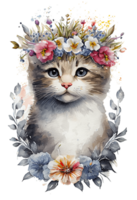 acuarela linda mano dibujado gato, gatito en floral guirnalda, flores ramo, generativo ai, png transparente antecedentes.