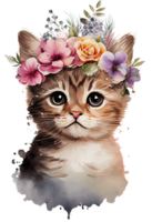 Watercolor cute hand drawn Cat, kitten in floral wreath, flowers bouquet, , png transparent background.