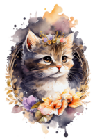 Watercolor cute hand drawn Cat, kitten in floral wreath, flowers bouquet, , png transparent background.