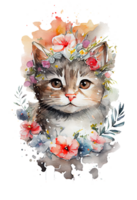 Watercolor cute hand drawn Cat, kitten in floral wreath, flowers bouquet, , png transparent background.