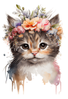 Watercolor cute hand drawn Cat, kitten in floral wreath, flowers bouquet, generative ai, png transparent background.