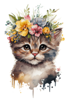 aguarela fofa mão desenhado gato, gatinho dentro floral guirlanda, flores ramalhete, generativo ai, png transparente fundo.