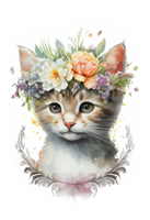 Watercolor cute hand drawn Cat, kitten in floral wreath, flowers bouquet, , png transparent background.