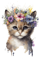 vattenfärg söt hand dragen katt, kattunge i blommig krans, blommor bukett, generativ ai, png transparent bakgrund.