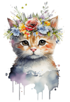 waterverf schattig hand- getrokken kat, katje in bloemen lauwerkrans, bloemen boeket, generatief ai, PNG transparant achtergrond.