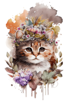 waterverf schattig hand- getrokken kat, katje in bloemen lauwerkrans, bloemen boeket, generatief ai, PNG transparant achtergrond.