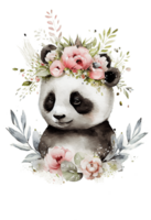 vattenfärg söt hand dragen panda, panda i blommig krans, blommor bukett, generativ ai png