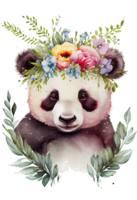 Watercolor cute hand drawn panda, Panda in floral wreath, flowers bouquet, png