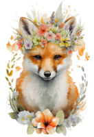 Aquarell süß Hand gezeichnet Fuchs, Fuchs im Blumen- Kranz, Blumen Strauß, generativ ai png