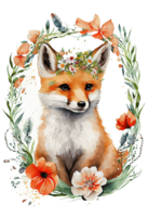 Watercolor cute hand drawn Fox, Fox in floral wreath, flowers bouquet, png