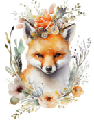 Watercolor cute hand drawn Fox, Fox in floral wreath, flowers bouquet, png